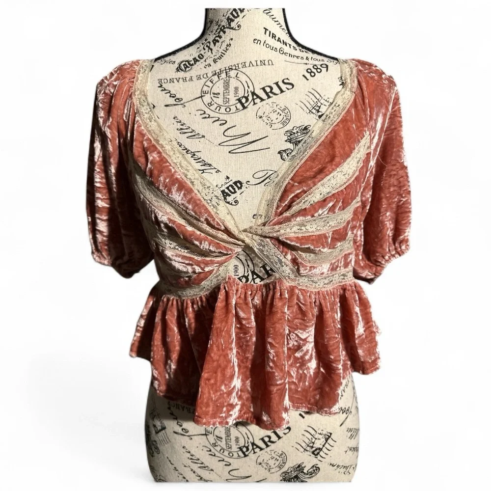 Free People Yours Truly Crushed Velvet Lace Puff Sleeve Peplum Top Pink S Boho